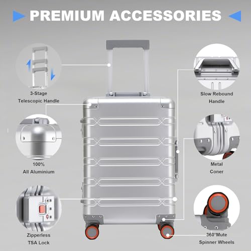 YYW All-Aluminum Carry-On Luggage, Reinforced Metal Corners for Business Travel, Carry it with one hand, Silent Wheels with Smooth Ride (All aluminum 60 [silver],20inch-35x23x55cm)4
