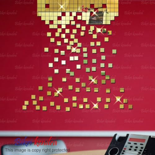 Image of Bikri Kendra - 400 Square Silver Decorative Mirror Stickers for Wall, Wall Mirror Stickers, 3D Acrylic Stickers Wall Stickers for Hall Room, Bed Room, Kitchen Living Room Kids Room. (Gold)