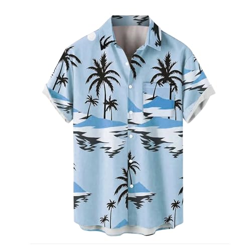 Camisa hawaiana para hombre, manga corta, divertida, casual, con botones, para vacaciones, playa, ligera, para trajes de verano, azul, M