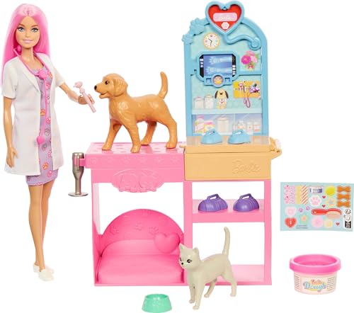Barbie Quick Gypsum Animal Clinic Fashion Doll Playset with Pink Colored Hair, Clinic Furniture and Over 10 Accessories Including Moulds and Clay for Bandage, JFX93