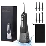 Water Dental Flosser Cordless for Teeth, Gums, Braces, Portable Oral Irrigator with Travel Bag, Removable Reservoir of 300mL, 4 Cleaning Modes, 7 Tips, Rechargeable and Waterproof, Black