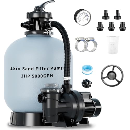 2026 Upgraded Sand Filter Pump for Above Ground Pool with Timer, 6-Way Valve Pool Pumps Above Ground, Pool Sand Filter with Enhanced Circulation System, 18in, 1HP 5000GPH for Pools Up to 20000GAL