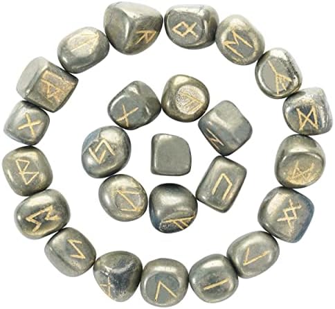 Crocon Amethyst Gemstone Engraved Rune Stones Set (25 Pcs) with Elder Futhark Alphabets & 1 Amethyst Pendulum| Size: 15-20 mm