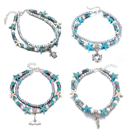 Image of Softones Blue Starfish Turtle Anklet Multilayer Charm Beads Sea Handmade Boho Anklet Foot Jewelry for Women