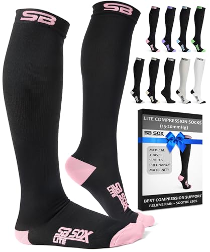 SB SOX Lite Compression Socks for Men & Women (15-20mmHg) – Best Compression Socks for Travel, Sports, and Daily Wear - XXL Sizes too! (Black/Pink, S/M)