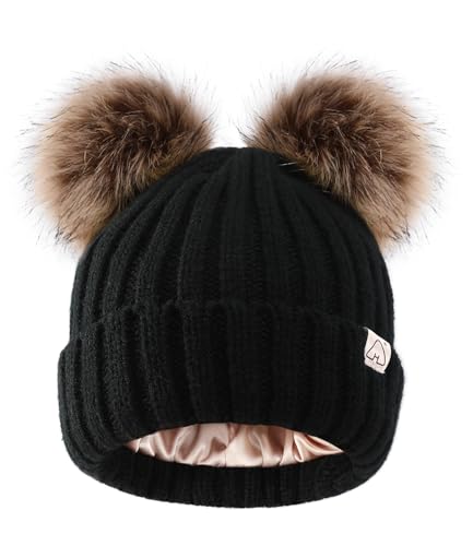 Hat Hut Winter Hats for Women Satin Lined Beanie Hats for Women Ladies Bobble Hat Double Pom Pom Beanie Cap (B2-Black 2 Brown Poms)