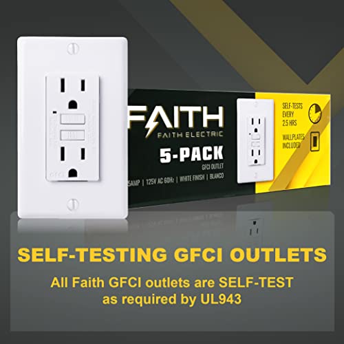 Faith [5-Pack] 15A Gfci Outlet, Gfi Duplex Receptacles With Led Indicator, Self-Test Ground Fault Circuit Interrupter With Wall Plate, Etl Listed, White #TOP1