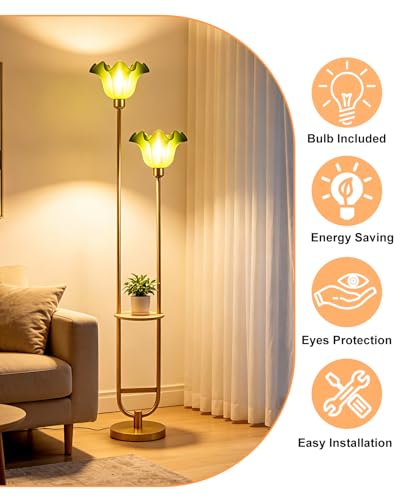 Image of Lightdot Dimmable Green Flower Floor Lamp for Living Room, Modern Mid Century Floor Lamp with Table, U-Shape 2 Lights Gold Tall Standing Lamp for Bedroom /Sofa Beside /Corner Decor(Bulb Included)