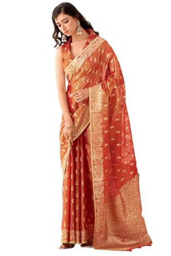 Image of SWORNOF Gold-Toned Woven Design Silk Zari Tissue Saree | Saree for Women | Soft and Skin Friendly