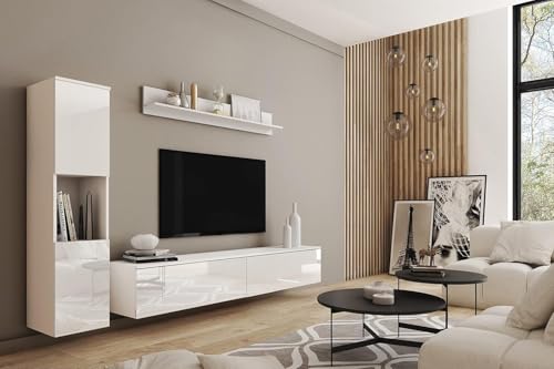 MINIO go for it - Wohnwand Parma, 3-Teilig Set, Hängend oder Stehend, Highboard, Lowboard, Wandboard, Laminierte Spannplatte, Farbe: Weiß matt/Weiß Hochglanz