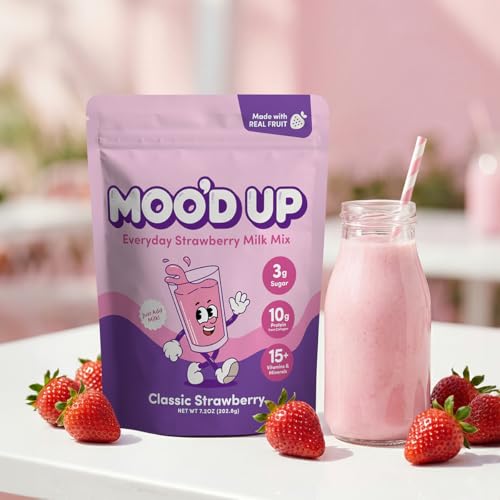 Image of Moo'd Up Strawberry Milk Mix - Low Sugar, High Protein (10g) - Made with Real Strawberries, Dairy-Free, No Artificial Colors or Sweeteners - Healthy Strawberry Drink Powder, 15 Servings