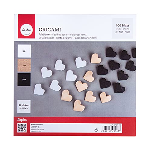 Rayher Origami Paper, Double Sided Origami Folding Paper, Craft Paper Pack with 100 Sheets in Black, White and Natural Brown, 20x20cm, 67372999