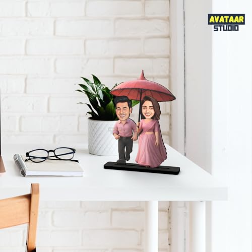 Image of Wood Rectangular Personalized Caricature Gift for Couple, 7 Inches, Tabletop Multicolor, Art Deco Style (Couple 8)