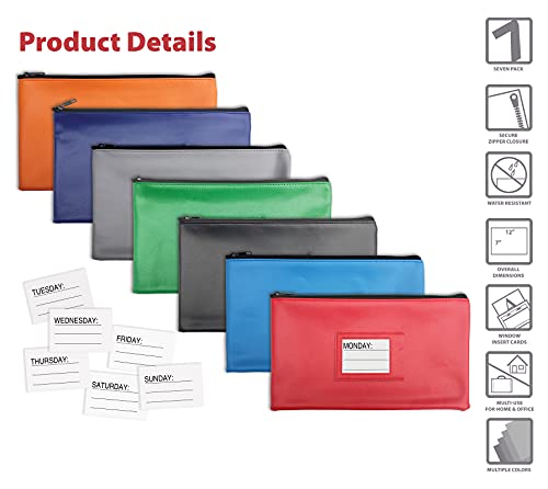 7 Pack, 7 Days Zipper Security Bank Deposit Bag, Clear Window & 14 Insert Cards (Mon - Sun + Blank), By Better Office Products, Leatherette, 11.25" X 6.25", Cash Bag, Utility Pouch, Assorted 7 Colors #TOP2