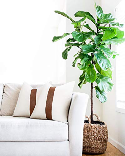 Cygnus Set Of 2 White Linen Patchwork Faux Leather Throw Pillow Covers For Couch Living Room Bedroom, Modern Accent Decor Square Covers 18X18 Inch, Brown And White #TOP3