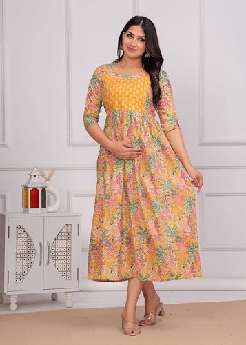 Image of JAIPURFAME Stylish Women's Pure Cotton All Over Printed Kurti Gown, Maternity Dress, and Feeding Dress - Comfortable and Elegant Maternity Wear for Women