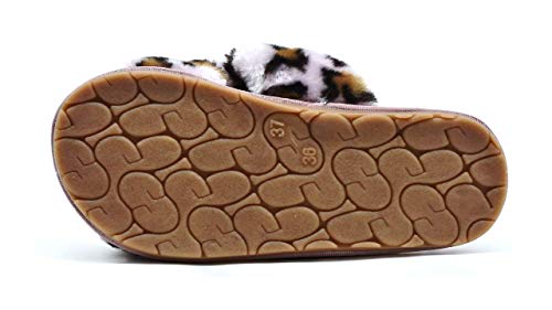 Women's Fuzzy Cross Band House Slippers Soft Plush Furry Fur Open Toe Cozy Memory Foam Winter Warm Comfy Slip On Breathable Sandals Indoor Outdoor Slippers For Women And Girls (06/Beige,Leopard 7-8) #TOP4