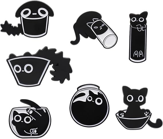 7 piezas de pins, simpáticos pins esmaltados con motivos de animales de dibujos animados, gatos negros y broches de aleación de zinc para ropa, regalo para San Valentín.