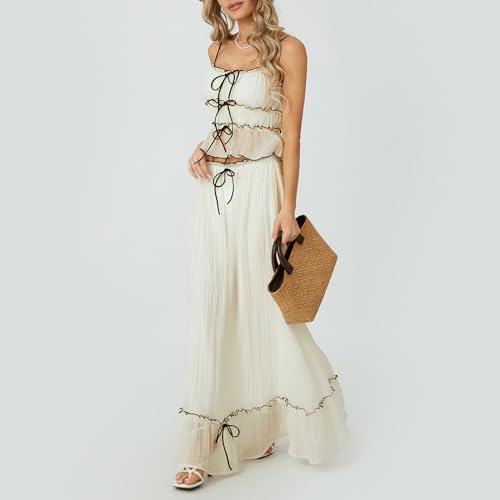 Women Two Piece Outfits Sets Summer Vacation Cropped Tank Top and Maxi Skirt Ruffle Boho Long Skirt Set3