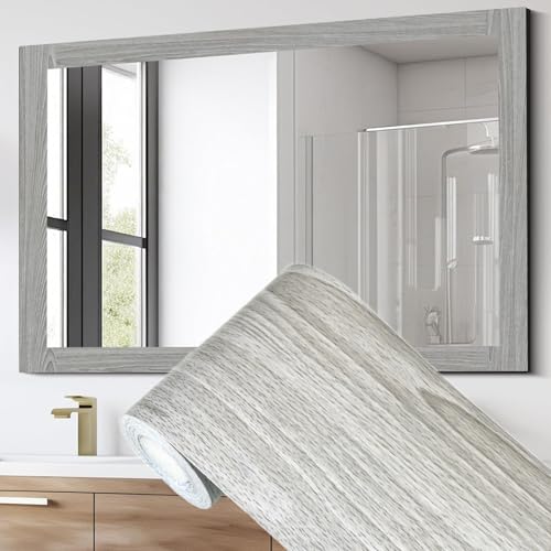 Avinyl Grey Wood Grain Mirror Border Peel and Stick Wallpaper, Self Adhesive Waterproof Wallpaper Mirror Frame Tape for Bathroom Decor, Peel and Stick Trim Removable Kitchen Wall Decor 1.96 x 236