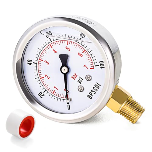 Image of 0-100 Psi Pressure Gauge, Glycerin Filled, water pressure gauge, 2-1 /2 inch Dial, 1 /4 inch NPT Lower Mount, Stainless Steel Case, for Pneumatic Regulator Air Compressor RV Regulator Water Pressure Test