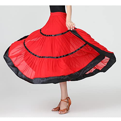 Segolike Vaveren Saia De Salão Feminina Flamenco Padrão Waltz Party Long Mesh Swing Long Dance, Verm