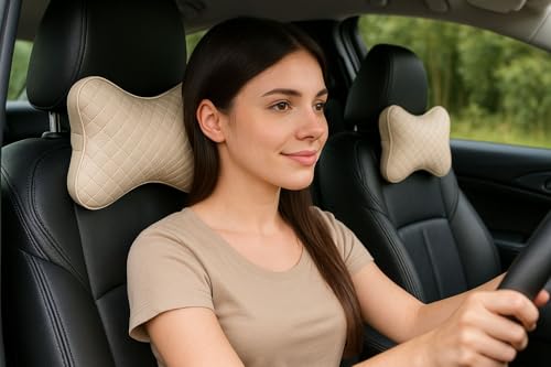 Image of Velvet Soft car Neck Pillow for Travel, Travel Micro Fiber Rest Pillow /Cushion Set of Pillows Compatible with All Cars - Pack of 2 Pieces (Beige)