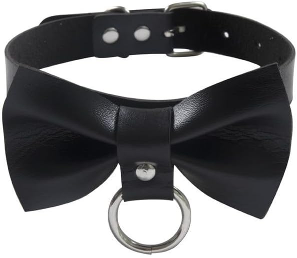 Bowtie Choker Collar with O-Ring – Black Faux Leather BDSM Day Collar, Fetish Cosplay Gothic Punk Accessory