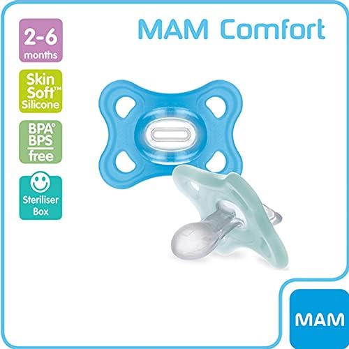 MAM Comfort All-Silicone Soothers 2-6 Months - Size 2 (Pack of 2), Lightweight Baby Soother, Newborn Essentials with Self-Sterilising Case, Grey/Blue (Designs May Vary)
