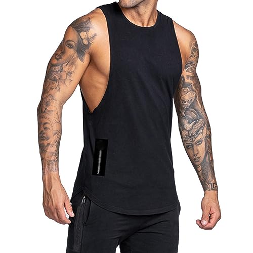 Men's Sleeveless Drop Arm Round Neck Muscle Stringer Vest Cut Open Gym Training Bodybuilding Tank Top,Black,L