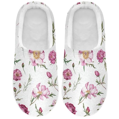 JUNZAN Vintage Peonies White Women Home Cotton Slippers Wide Memory Foam Bedroom Slippers for Spa Christmas Presents 6-7