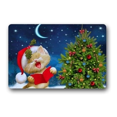 ZMvise Flannel Carpet Non-Slip Rubber Backing Durable Indoor Outdoor Doormat Door Mats Welcome Merry Christmas Cat Design 15.7x 23.6inch Cover