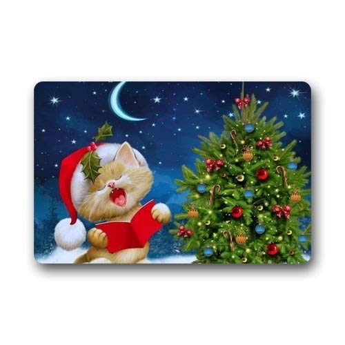 ZMvise Flannel Carpet Non-Slip Rubber Backing Durable Indoor Outdoor Doormat Door Mats Welcome Merry Christmas Cat Design 15.7x 23.6inch