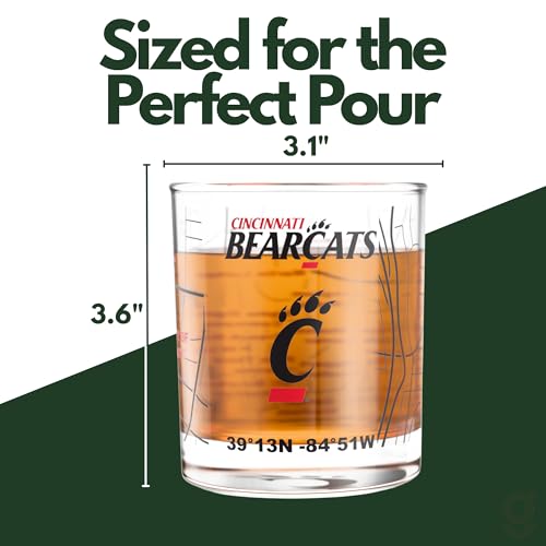 Image of Greenline Goods University of Cincinnati Bearcats Whiskey Glasses Set of 2, 10 oz Rocks Glasses with Full-Color Logo & Campus Map - Officially Licensed Bourbon Glass Gift for Alumni & Fans
