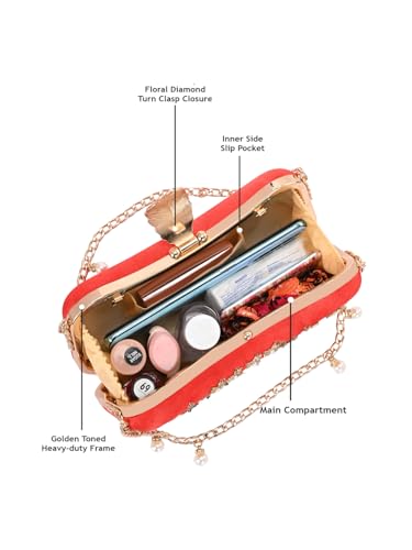 Image of TOOBA Handicraft Women's Beautiful Bling Box Clutch Bag | Evening Bag, Bridal Purse & Party Handbag | Wedding & Special Occasion Clutch (Flower Leaf)