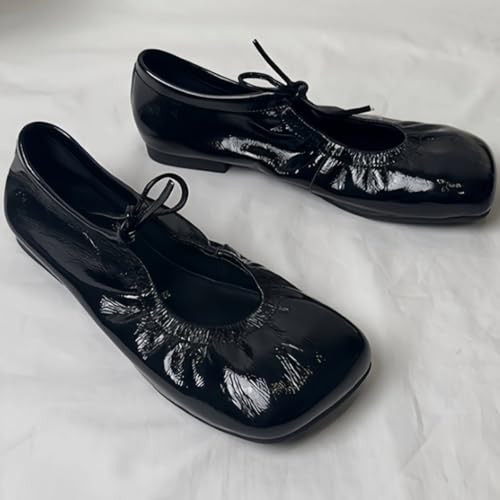 Retro Soft-surfaced Wide Toe Box Square-Toe Ballet Flats for Women Lace-up Patent Leather Casual Shoes New 20252