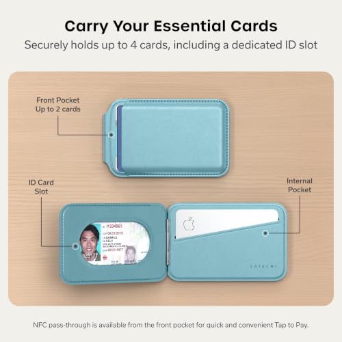 Image of Satechi Magnetic Magsafe Wallet, Double Flap Stand Card Holder, 4 Slots with Front NFC Pass-Through, Adjustable Phone Attachment for iPhone 17 /16 /15 /14 /13 /12, Travel Accessory, Light Blue, 4.13 x 2.6