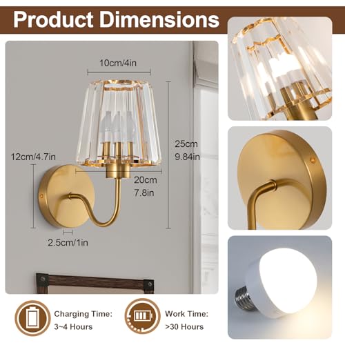 Image of EIDISUNY Crystal Battery Operated Wall Sconces, Set of 2, Gold | Wireless, RGB Rechargeable Dimmable, Vintage, Bedroom Living Room Hallway, Bulbs Included