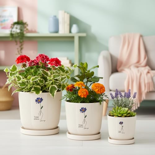 Image of Xtore Serene Floral Ceramic Planter Set with Drainage Saucers | Decorative Planter Pots for Living Room & Contemporary Plant Display (Set of 3, Ivory Beige - Planters only)