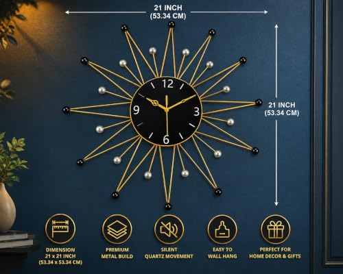 Image of Modern Sunburst Metal Wall Clock Gold & Black for Living Room