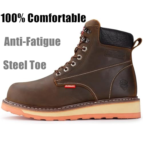 SUREWAY 6 in Mens Heavy Duty Soft/Steel Toe Work Boots for Men,Goodyear Welted,Full Grain Leather,Slip Resistant,EH Safety Industrial Construction Boot,Steel Toe Brown,Size 102