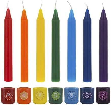 Mega Candles 7 pcs Assorted Colors Ceramic Chakra Chime Ritual Spiritual Energy Spell Candle Holders with Matching Color Candles, Great for Meditating, Rituals, Spells, Vigil, Supplies & More
