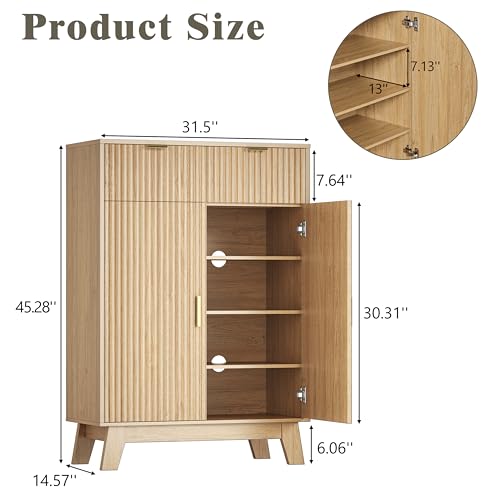 Image of Shoe Cabinet Storage for Entryway with Doors, 4 Tier Fluted Shoe Organizer with 2 Drawers, Entryway Shoe Storage with Adjustable Shelves, Freestanding Hidden Shoe Rack for Front Door Entrance, Oak