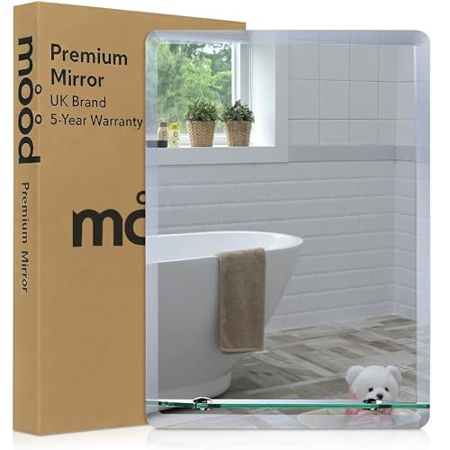 Image of Neue Design Mood® Premium Rectangular Bathroom Mirror with Shelf, Anti-Rust Wall Mounted Bevelled Frameless Mirrors, Toilet Bedroom Hallway, (50cm x 40cm)