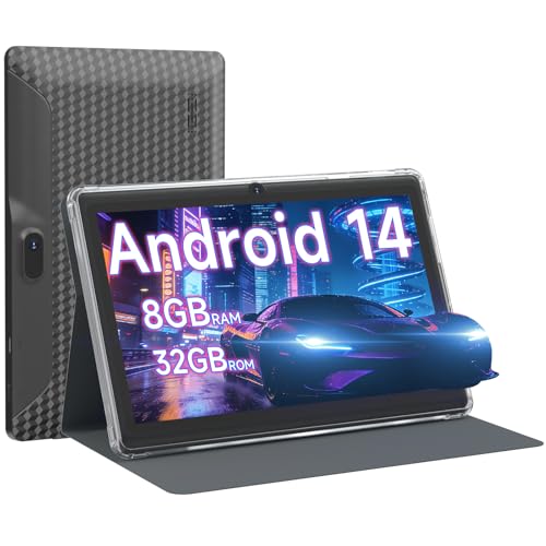 Tablet Android 14 de 7 pulgadas con funda, 8 GB de RAM, 32 GB de ROM de 1 TB expandido, procesador de cuatro núcleos, pantalla IPS, cámara dual, tableta de batería de 3000 mAh, Bluetooth, WiFi 5G, GMS