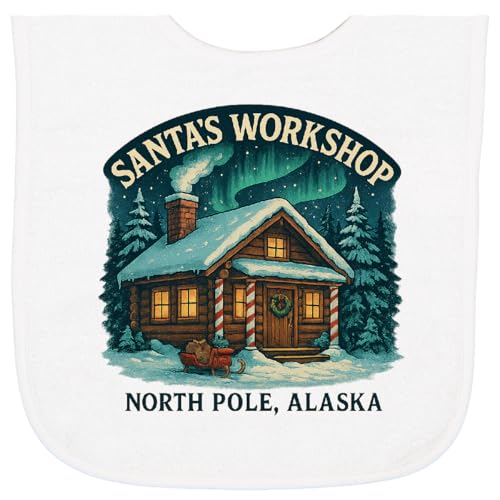 inktastic Santa's Workshop North Pole Alaska Christmas Baby Terry Cloth Bib