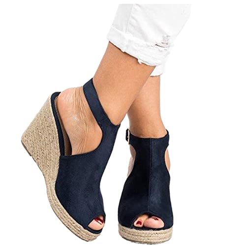 haoricu Open Toe Sandals for Women Heel,Espadrille Platform Wedge Ankle Strap Sandals Summer Bohemia Beach Sandals Black