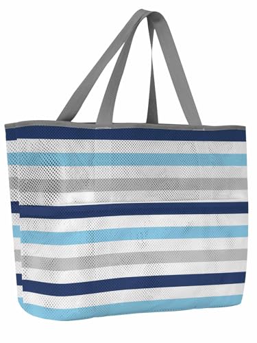 Mesh Beach Bag Oversized Tote Bags for Women Navy Blue Gradient Stripes Large Travel Pool Bags with 8 Pockets