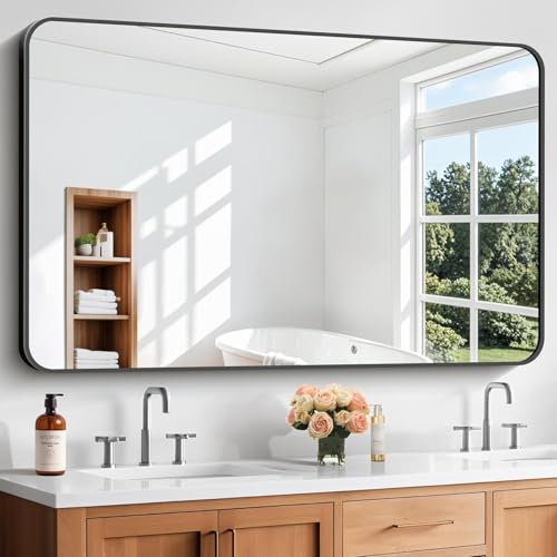 Image of Bathroom Mirror, 55 x 36 inch Black Rectangle Wall Mirror, Metal Frame Rounded Corner Vanity Mirror, Large Wall Mounted Mirrors for Over Sink Bedroom Living Room Horizontal Or Vertical Mounting