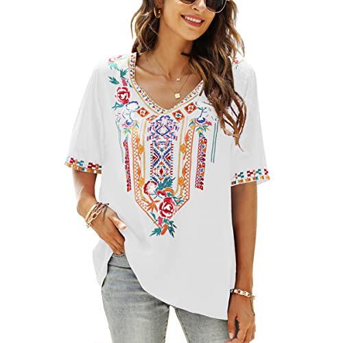 Lauraklein Women's Boho Mexican Embroidered Tops For Women V Neck Short Sleeve Summer Peasant Blouse Loose Ethnic Tunics Shirts(White-Xl) #TOP4